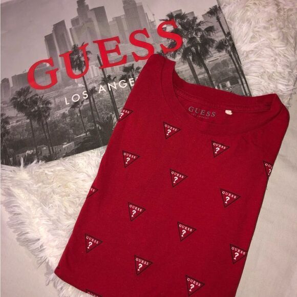 Guess Tops - Vintage Guess print red Vneck unisex tshirt Sz Med